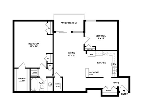 Floor plan for 2 beds, 1 bath, 912 sqft